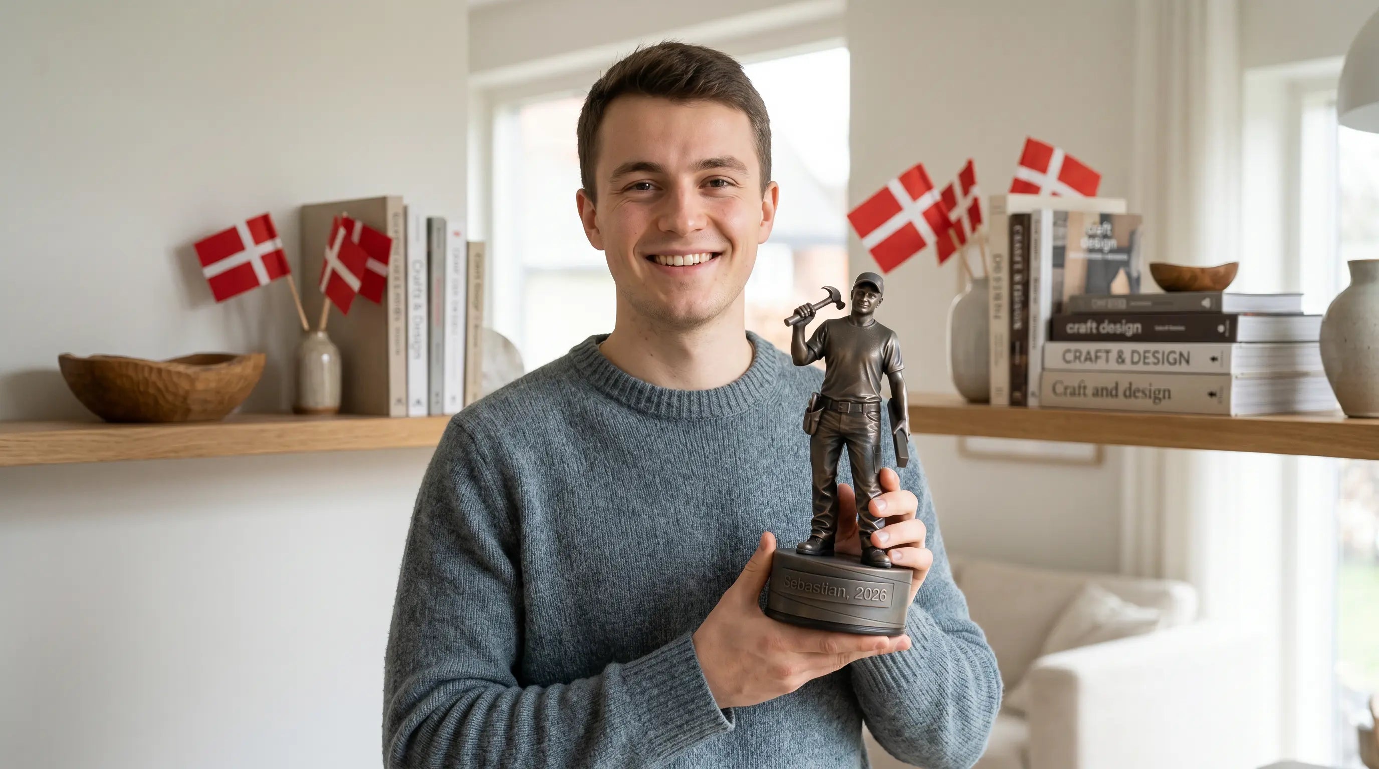 Svendegave dansk design — personlig figur til nyudlært håndværker — Udlært