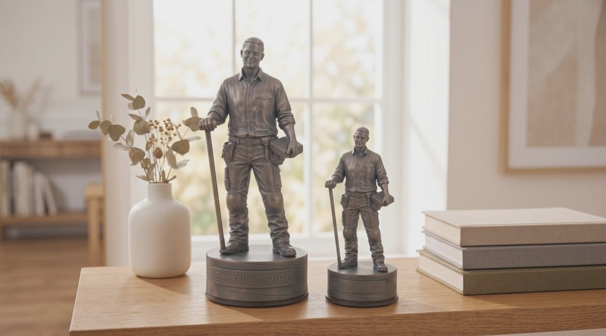 Indlæs video: Brolæggerfigur – video med 24 cm og 16 cm bronzefigur