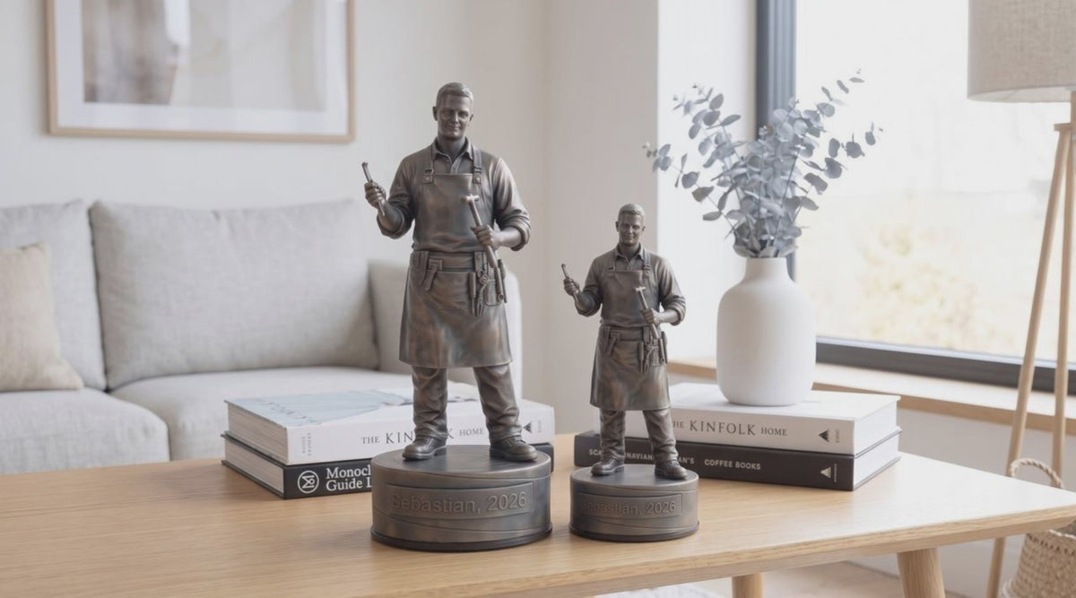 Indlæs video: Guld- og sølvsmedfigur – video med 24 cm og 16 cm bronzefigur