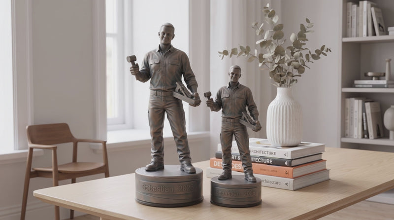 Møbelsnedkerfigur – video med 24 cm og 16 cm bronzefigur