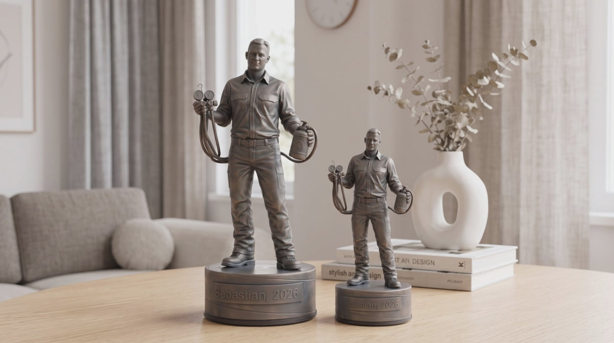 Indlæs video: Køleteknikerfigur – video med 24 cm og 16 cm bronzefigur