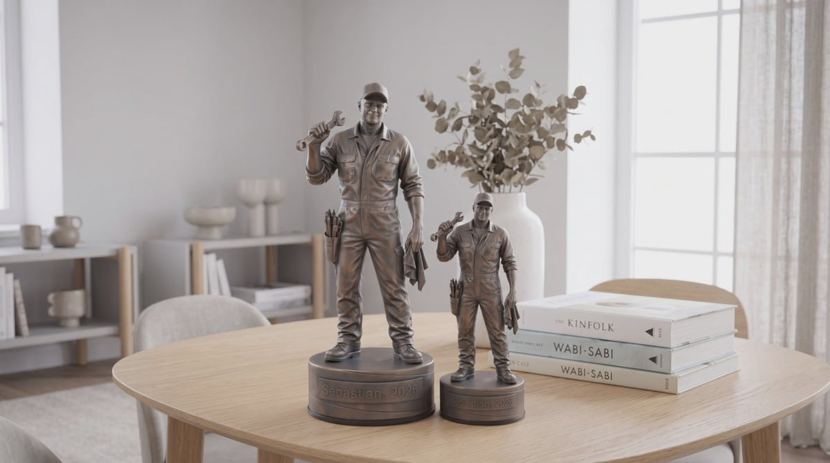 Indlæs video: Lastvognsmekanikerfigur – video med 24 cm og 16 cm bronzefigur