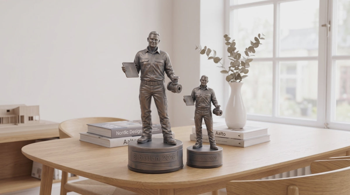 Indlæs video: Procesoperatørfigur – video med 24 cm og 16 cm bronzefigur